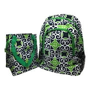 Kids Full Size Backpack with Side Mesh Pockets and Insulated Lunch Bag Box Carrier (Navy Green Swirl)