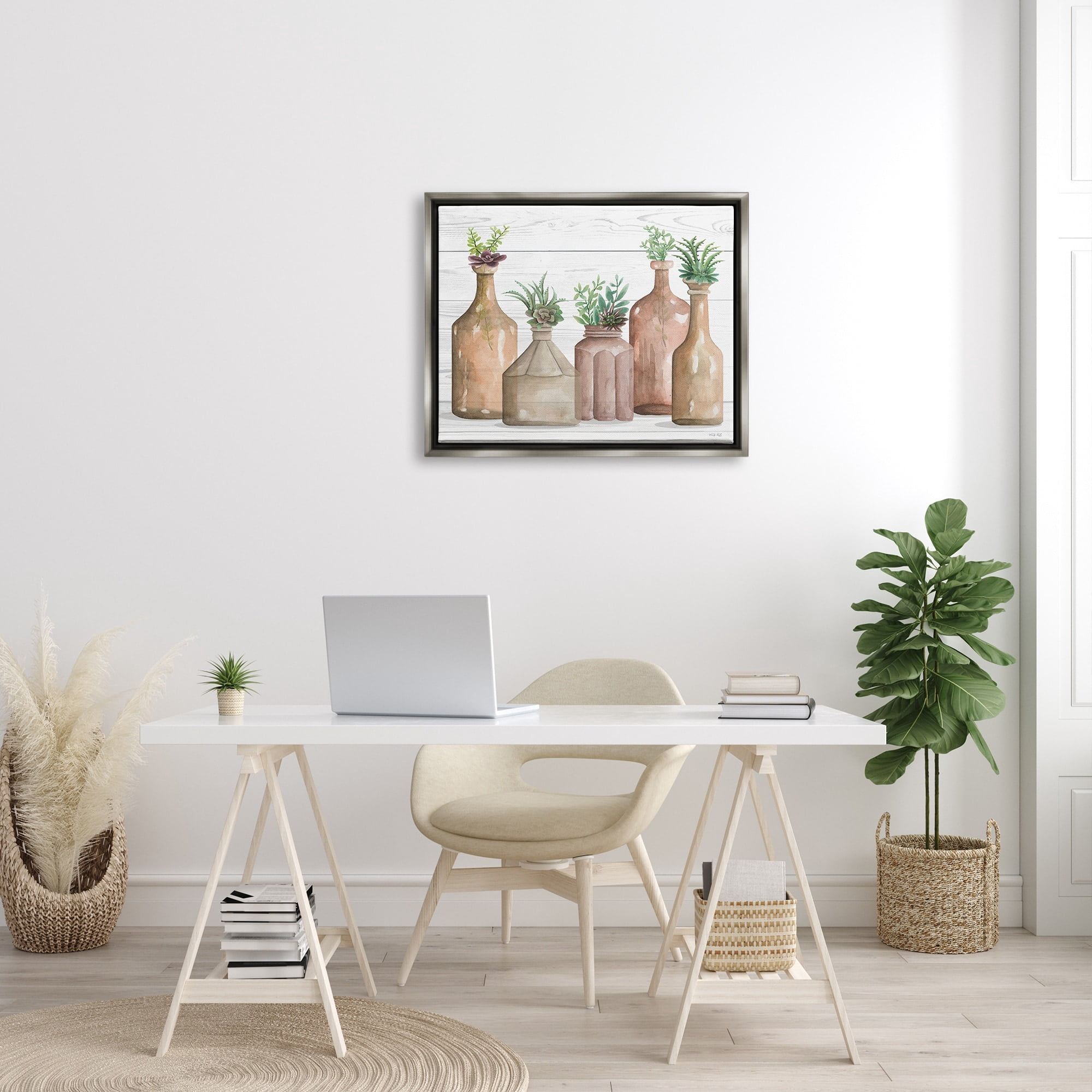 Stupell Industries Succulents Herbs Rustic Cottage Jars Leaves Arrangement Graphic Art Luster Gray Floating Framed Canvas Print Wall Art, Design by Cindy Jacobs