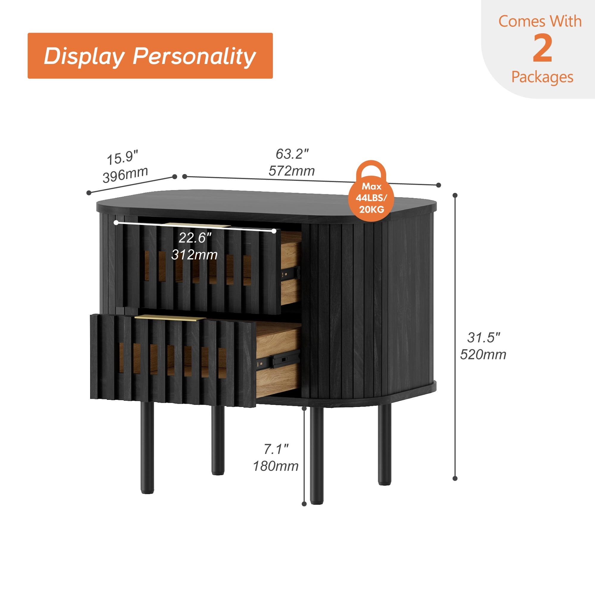 Wampat Modern Fluted Nightstand Set of 2, Wooden End Table with 2 Drawers, 20.4H" Bedside table for Living Room, Bedroom, Black