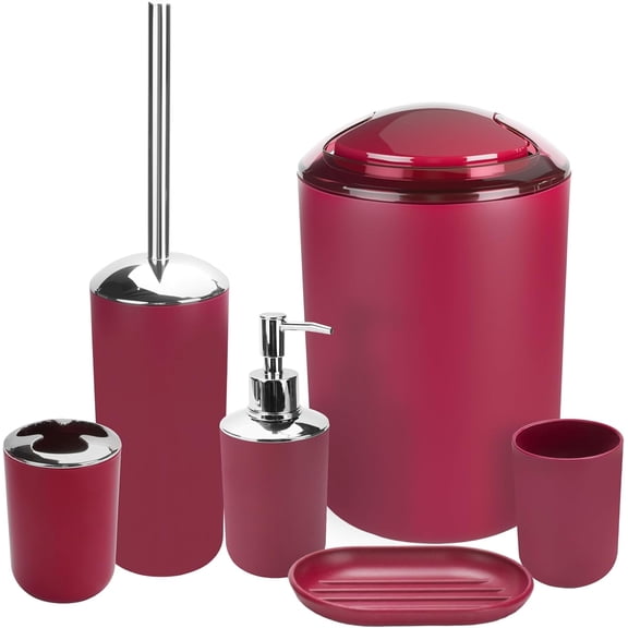 Bathroom Accessories Set, 6Pcs Bathroom Accessory Set Includes Toothbrush Holder, Soap Dispenser, Soap Dish, Toothbrush Cup, Toilet Brush, Trash can for Bathroom Countertop Decor(Burgundy)