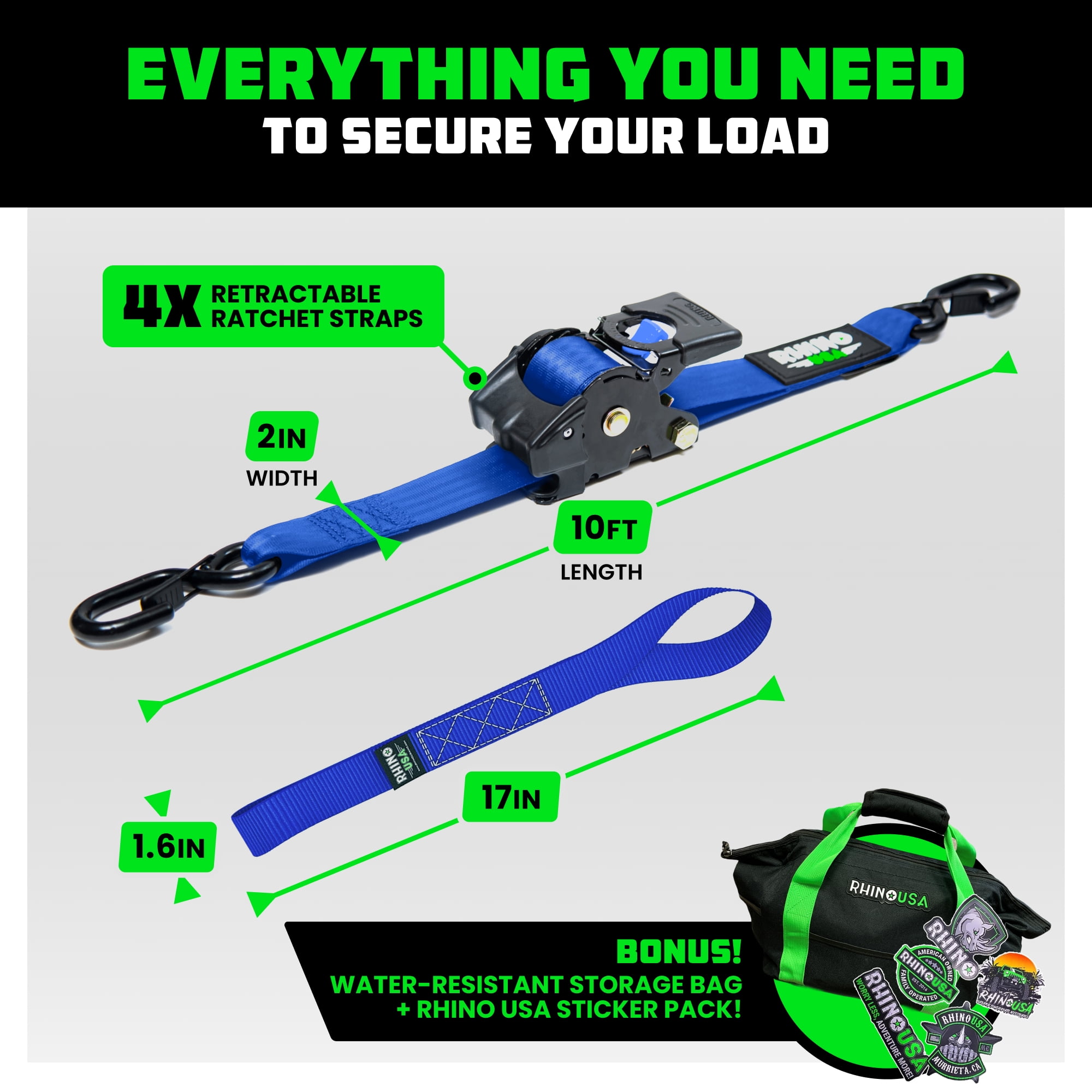 Rhino USA Heavy Duty 2" x 10' Retractable Ratchet Straps 3,033lb Break Strength (Blue 4-Pack)