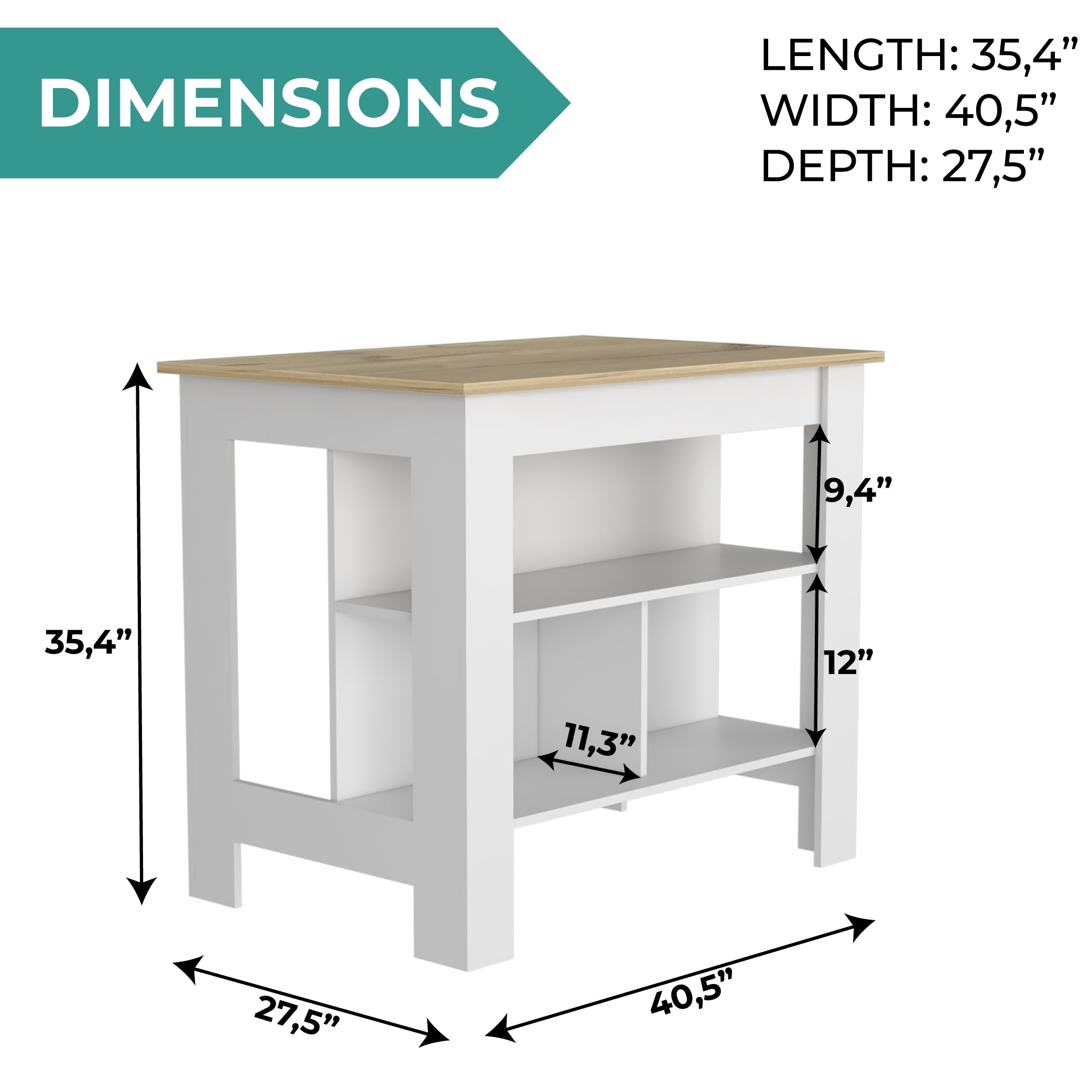 TUHOME Freestanding Cala 3-Shelf Wooden Kitchen Island, White Base/Light Oak Top