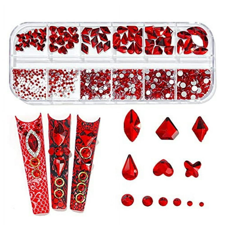 735 Pieces Red Nail Rhinestones for Acrylic Nails Red Stones for Nails  Crystals 3D Nail Diamonds Art Decoration Crafts DIY (Red) 