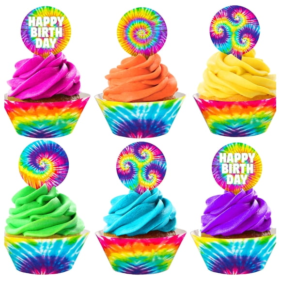 Tie Dye Cupcake Toppers and Cupcake Wrappers - 24 Cupcake Toppers and 24 Cupcake Wrappers - Tie Dye Party Supplies - Tie Dye Party Decorations - Classic 2