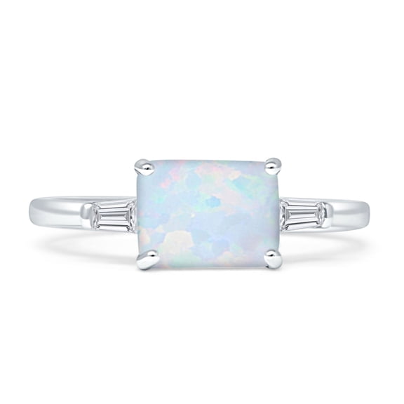 Emerald Cut Solitaire Trio Ring Created White Opal White Gold 925 Sterling Silver, Size 5