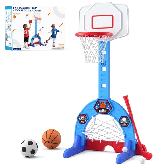 HYES Panier de Basketball pour Tout-Petit, Centre d'Activités Sportives 3-en-1 avec But de Soccer, Jeu de Golf, Panier de Basketball pour Enfants à 5 Hauteurs Réglables, Intérieur Extérieur Pla