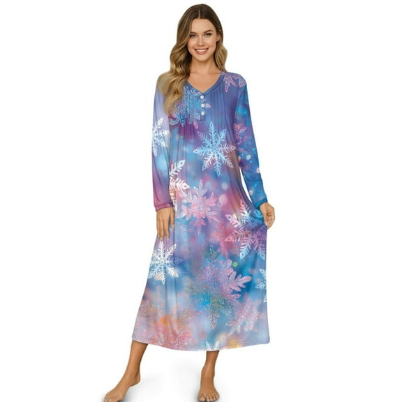 Tutolipy Christmas Nightgowns for Women Snowflake Printed Sleepwear V Neck Loungewear Long Sleeve Sleepshirts Breathable House Dress, S
