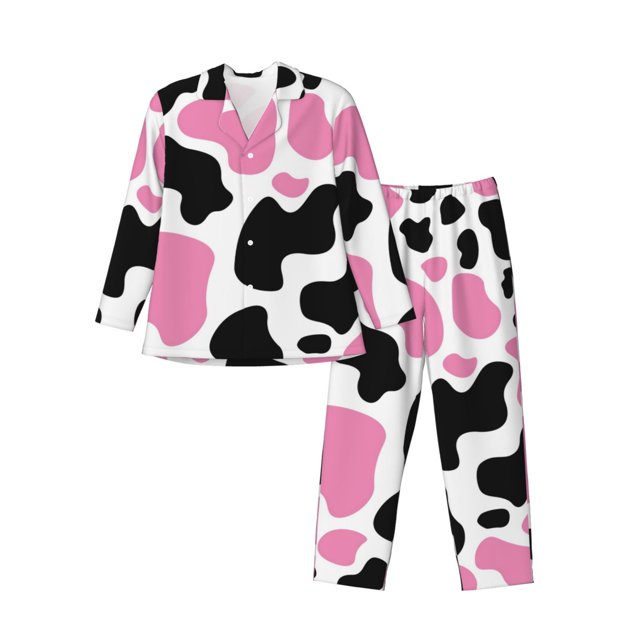 Fotbe Cow Spots Pijama de Hombre con Estampado de Manga Larga, Conjunto de 2 Piezas, Ropa de Dormir Suave y Cómoda con Bolsillos-XX-Large
