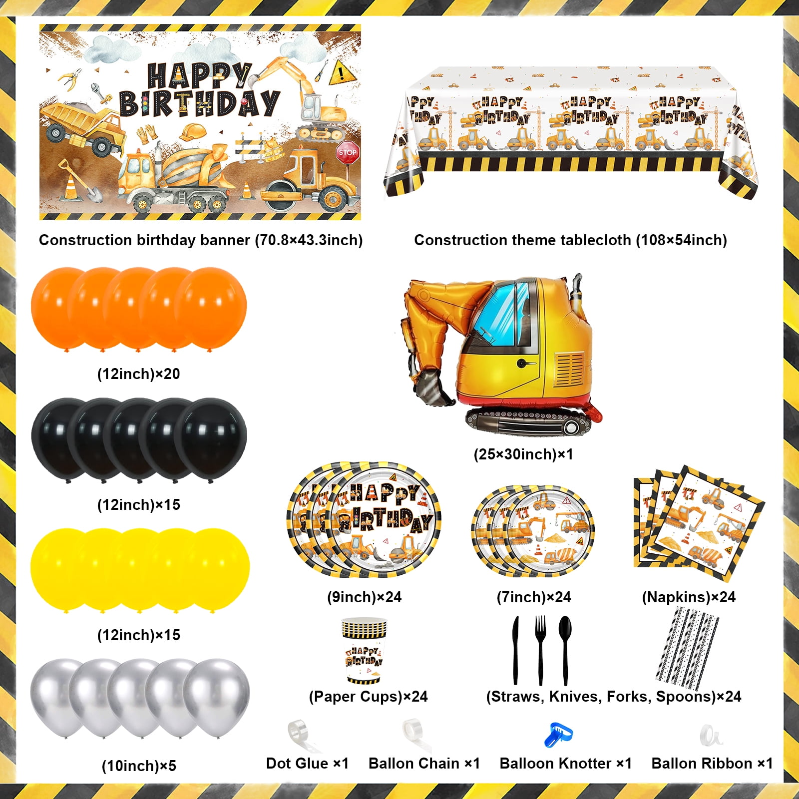 Mocsicka Construction Birthday Party Supplies 251 PCS Construction Birthday Decorations Kit Construction Birthday Banner Plates Napkins Balloons for Kids