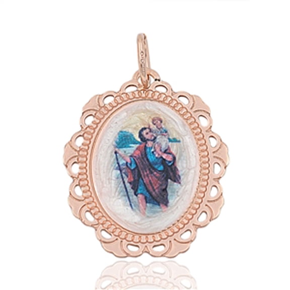 Rose Gold-Tone St. Joseph Scalloped Medallion Pendant .925 Sterling Silver Charm Jewelry Female