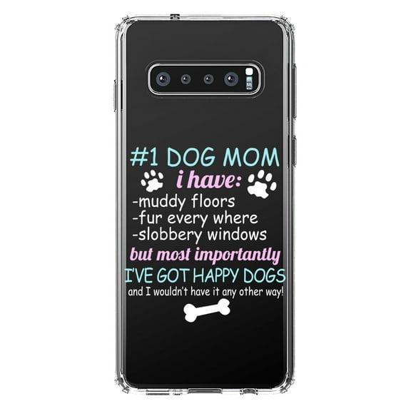 DistinctInk Clear Shockproof Hybrid Case for Samsung Galaxy S10 (6.1" Screen) - TPU Bumper Acrylic Back Tempered Glass Screen Protector - #1 Dog Mom - I've Got Happy Dogs