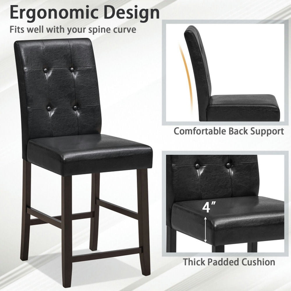 Demi Bonn Set of 2 Bar Stools with Rubber Wood Legs and Button-Tufted Back, Modern Dining Chair, Black