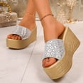 thumbnail image 2 of Rokment Sparkly Metallic Platform Wedge Slip on Sandals for Women Dressy Bridal Bling Trendying Casual Leather Height Increasing Chunky Heeled Dress Slides Comfy Walking Slippers Silver Size 9, 2 of 7