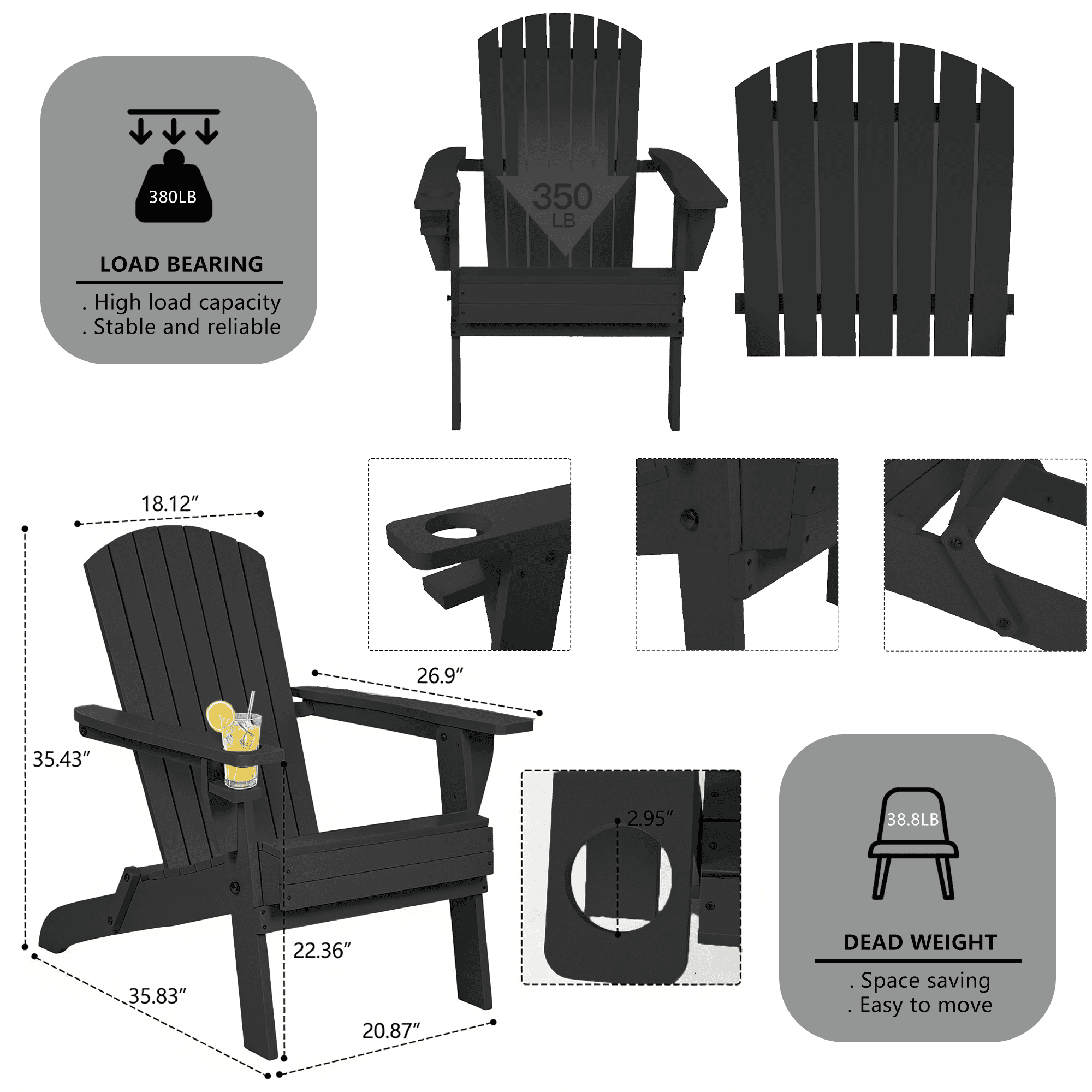 Nalwort Adirondack Chairs, Outdoor Wooden Lawn Chairs with Cup Holder, Patio Chair for Garden,Yard,Poolside,Backyard, 350lb Weight Capacity (Black)