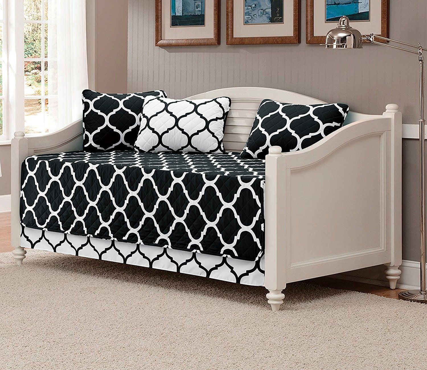 Fancy Linen 5pc Modern Bedspread DayBed Black White Geometric Quilted
