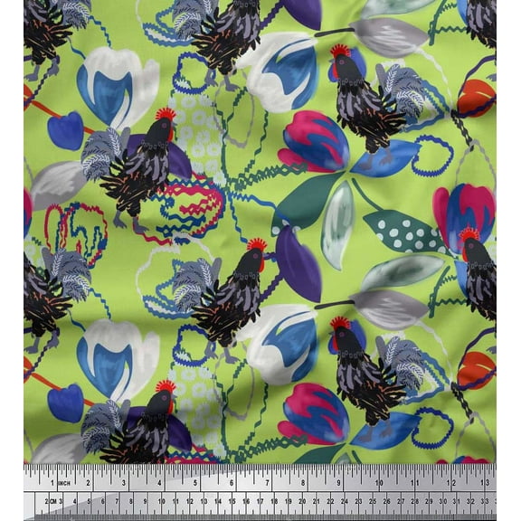 Soimoi Cotton Duck Fabric Floral & Cock Watercolor Print Fabric by Yard 42 Inch Wide