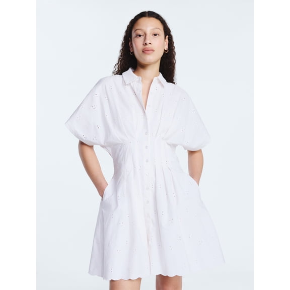 Free Assembly Women's and Women's Plus Cotton Eyelet Corset Mini Shirtdress, Sizes XS-4X