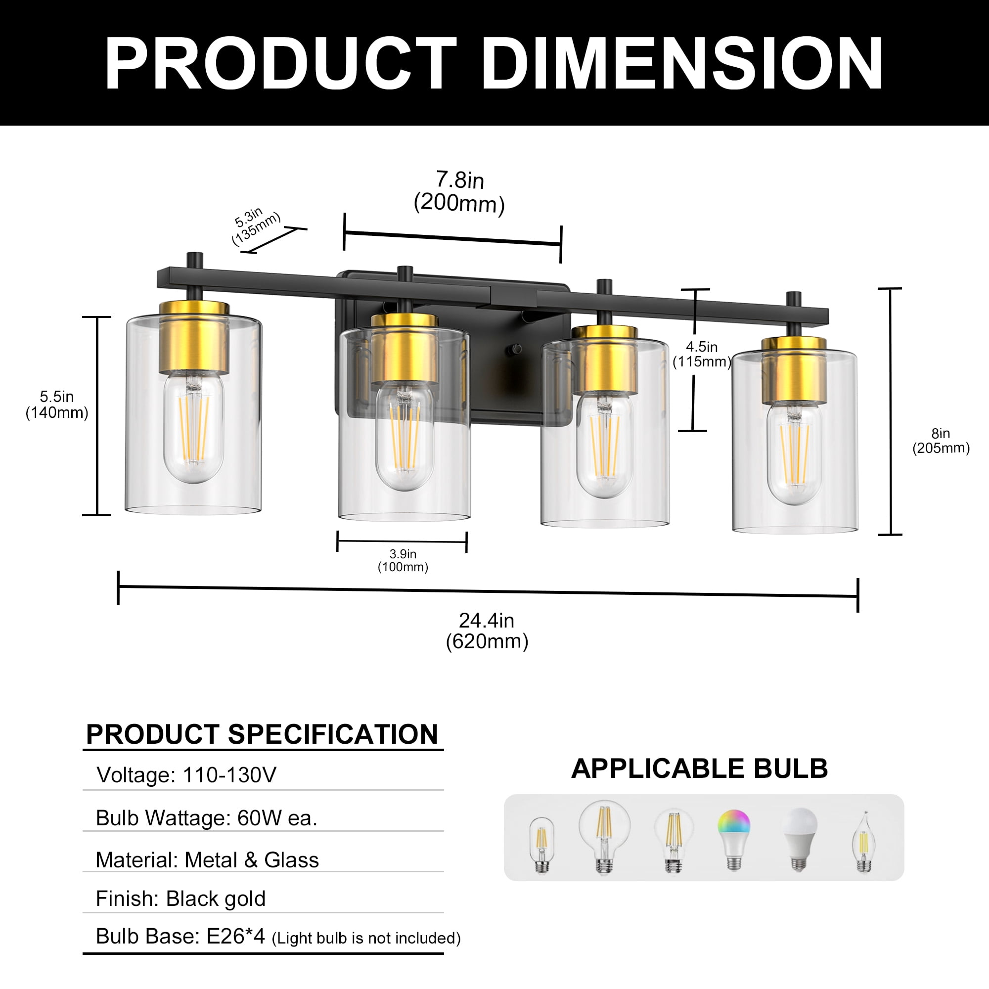 YANSUN Bathroom Vanity Light, 24.4 in 4-Light Black and Gold Bathroom Light Fixtures with Clear Glass Shade, Bathroom Lighting Fixtures Over Mirror, for Bedroom, Powder Rooms, or Vanity Nooks