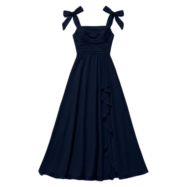 ITSAME Girls Smocked Slip Dress Square Neck Flowy Ruffle High-Low Hem Wedding Pageant Party Ball Gown Navy Size 14