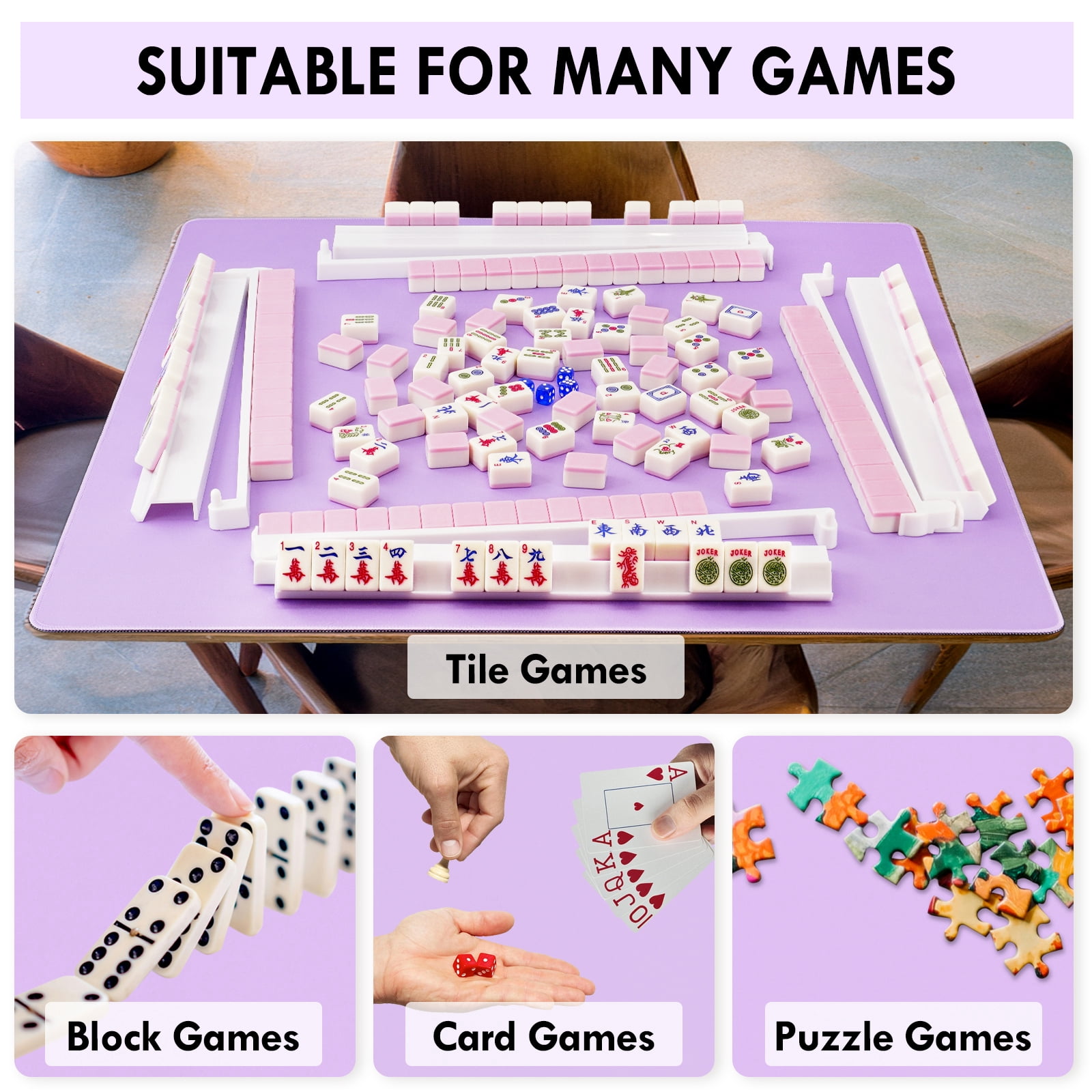 Crease-Defying Ever-Flat Mahjong Mat | Noise-Reducing Anti-Slip Pad for Mahjong, Poker & Dominoes with Velvet Bag - Macaron Purple