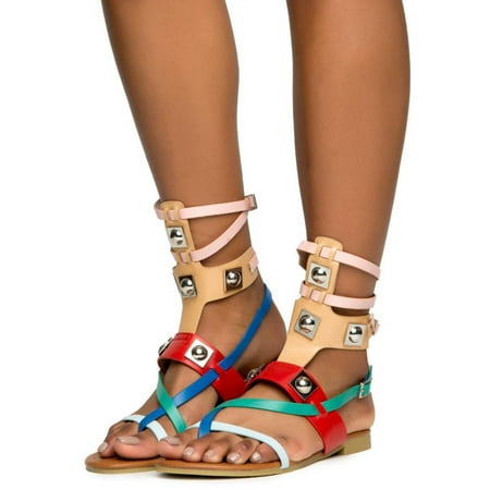 

Cape Robbin Emily-63 Multi Strappy Colorblock Hardware Gladiator Flats Sandal (8.5)