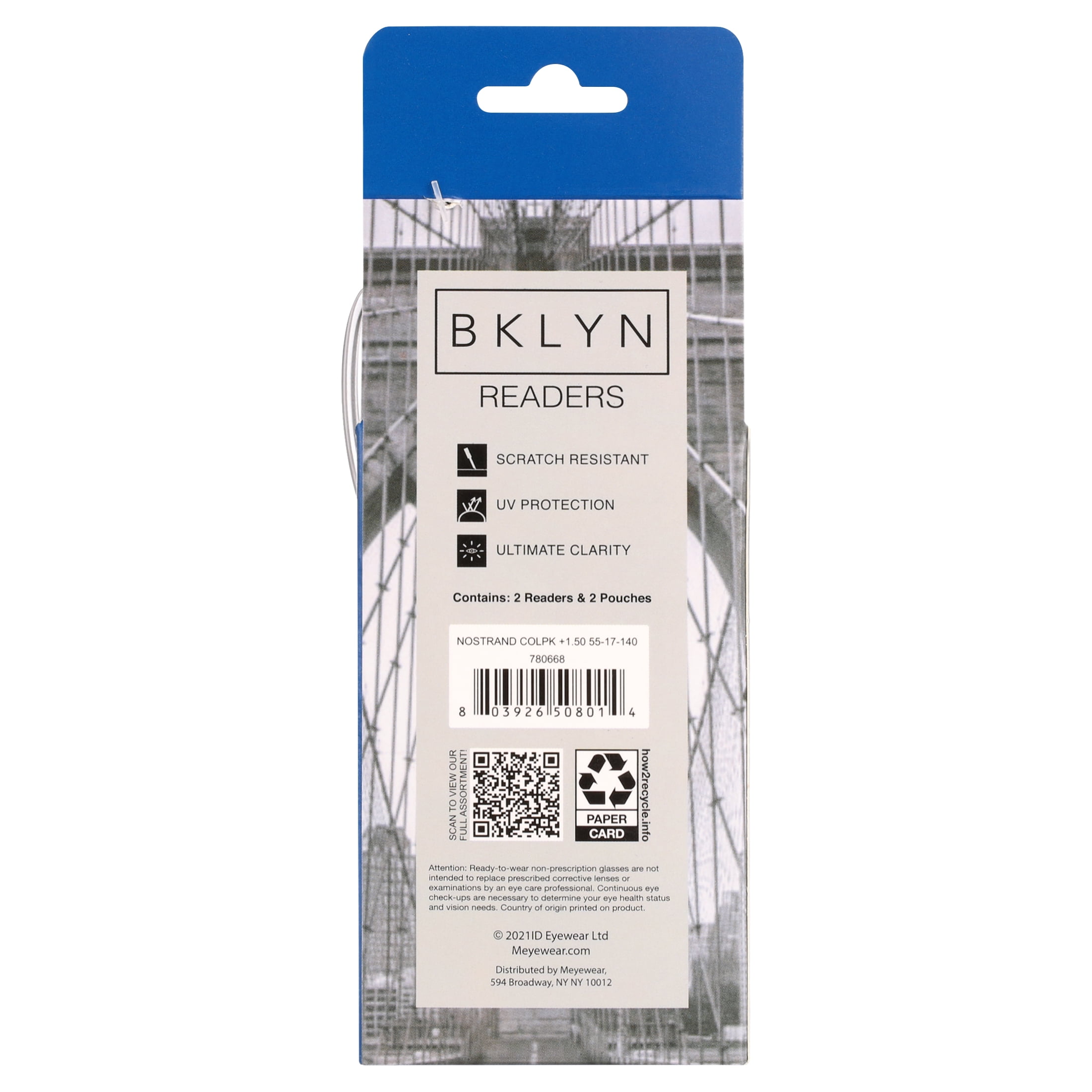 Bklyn, Nostrand +1.50, Adult, Mens, Plastic Reading Glasses & Pouches Value Pack , 2 Ea