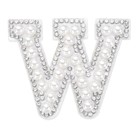 Uxcell Iron on Pearl Letter W Patches, Pearl Rhinestone A-Z Alphabet Self Adhesive Sew on Patches, Glitter Letter Applique for Clothes Fabric DIY Backpack, White