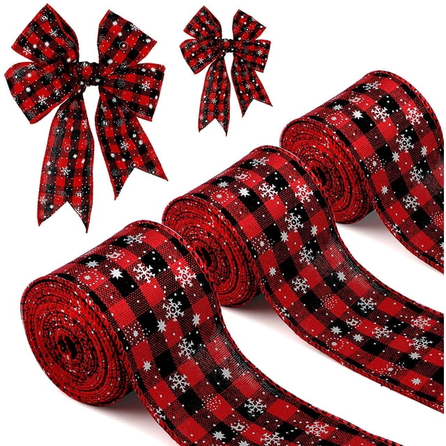 3 Rollos Copo de nieve a cuadros rojo y negro de 4,8 CM/2 metros Arpillera de Cinta a Cuadros Navideños