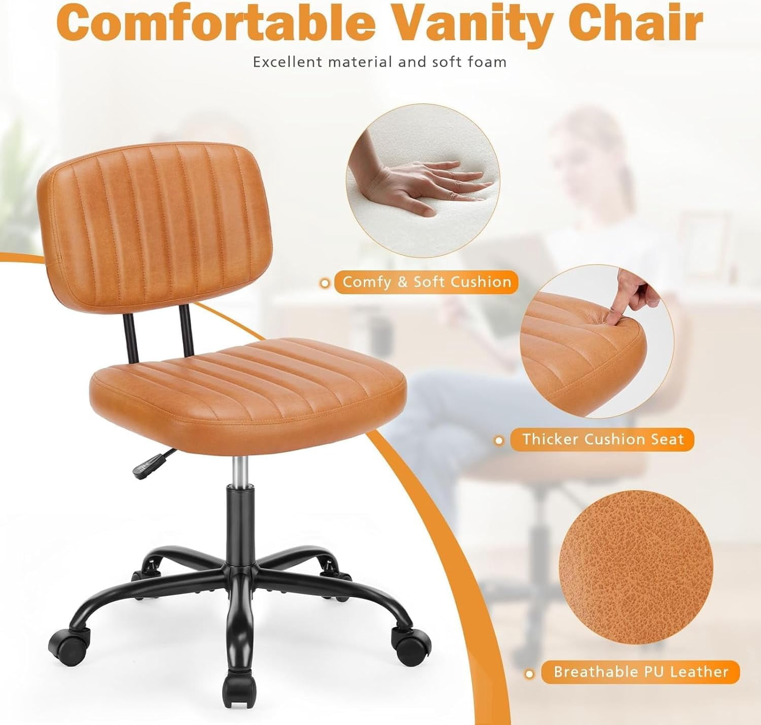 Armless Office Desk Chair with Wheels, Adjustable Height 360° Rolling Swivel Lumbar Support Low-Back Computer Chair, PU Leather, Brown