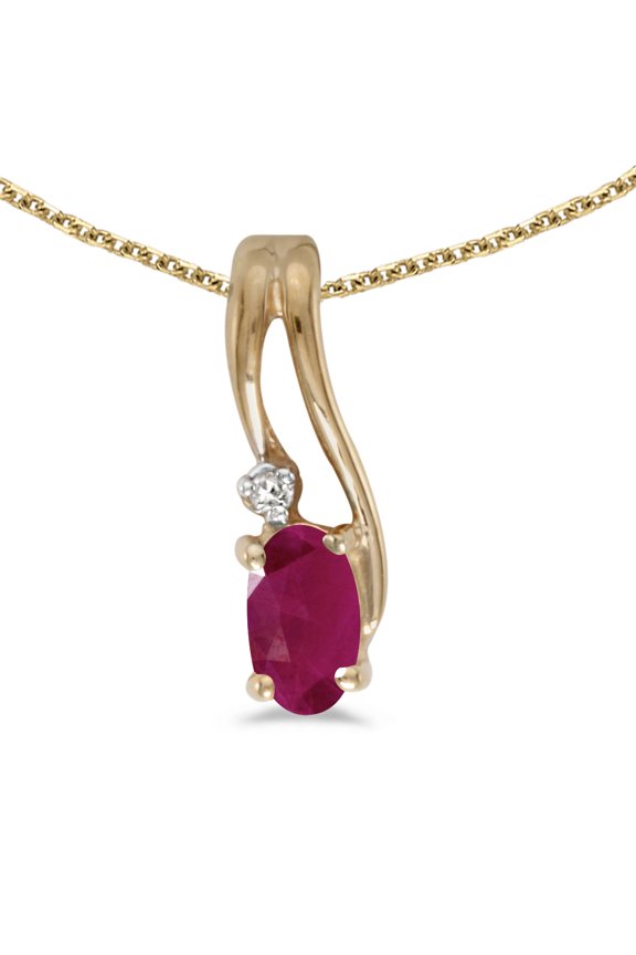 14k Yellow Gold Oval Ruby And Diamond Wave Pendant with 18" Chain