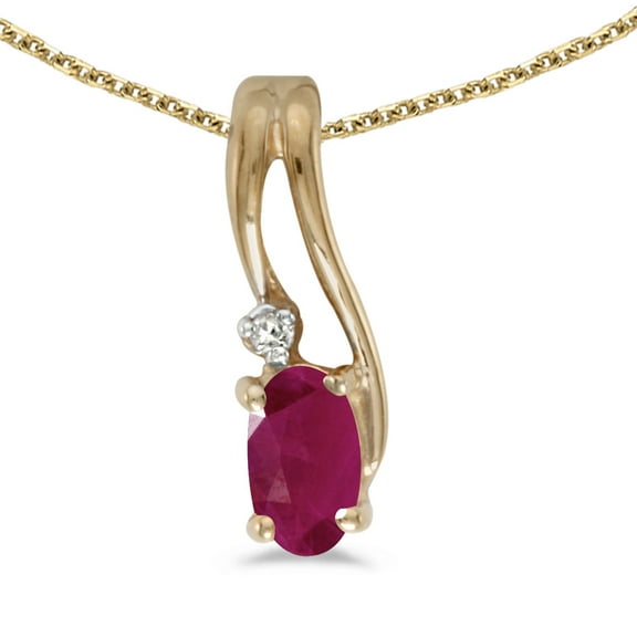 14k Yellow Gold Oval Ruby And Diamond Wave Pendant with 18" Chain