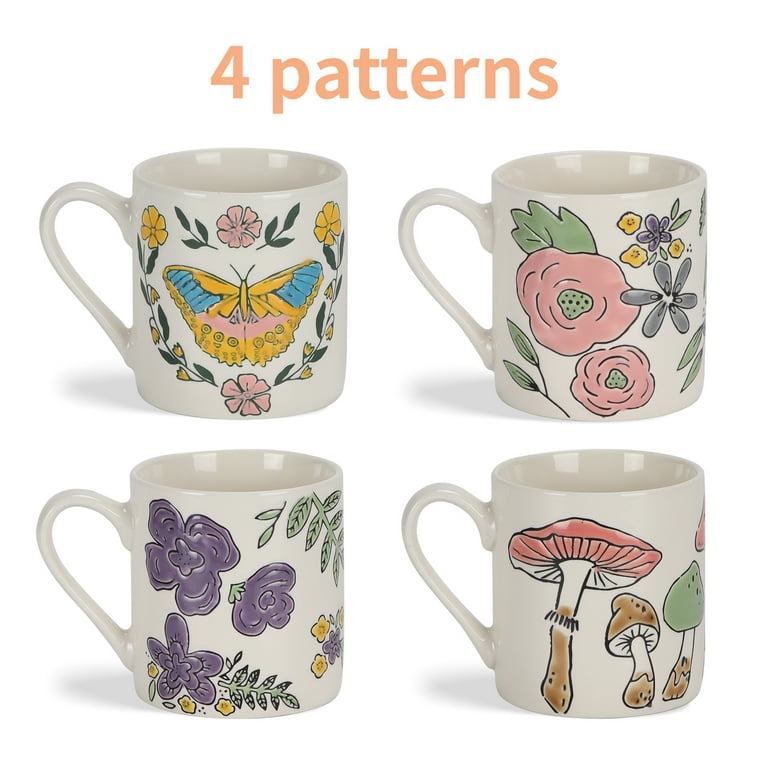 4 Pack 11 oz Ceramic Coffee Mugs, Porcelain Coffee Cups with Handle for Tea, Latte, Cocoa, Cappuccino, Milk, Dishwasher&Microwave Safe, Plant Patterns