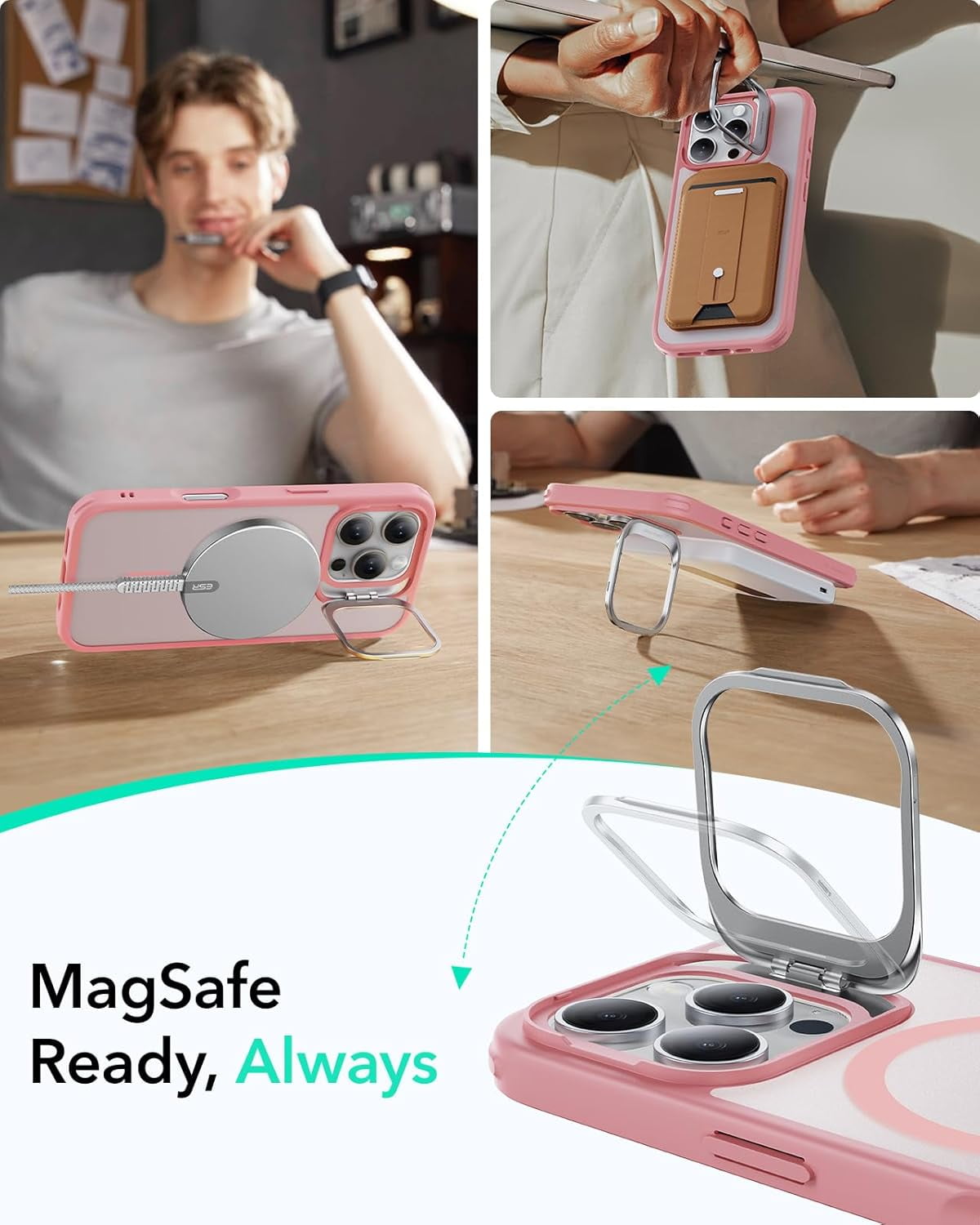MHAWBL-for iPhone 16 Pro Case, Compatible with MagSafe, Military-Grade Protective Case, Built-in Stash Stand Phone Case, Scratch-Resistant Back Cover, Classic Series, Frosted Pink