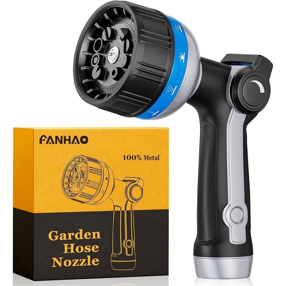 FANHAO Heavy Duty Metal Hose Nozzle with 10 Spray Patterns, Thumb Control On/Off Valve, High Pressure Water Nozzle for Plants