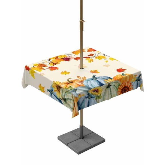 Outdoor Tablecloth with Umbrella Hole and Zipper, Thanksgiving Maple Square Table Cloth 60x60 Inch Waterproof Tablecloth, Orange Blue Pumpkins Fall Leaves Picnic Table Cover for Patio Camping