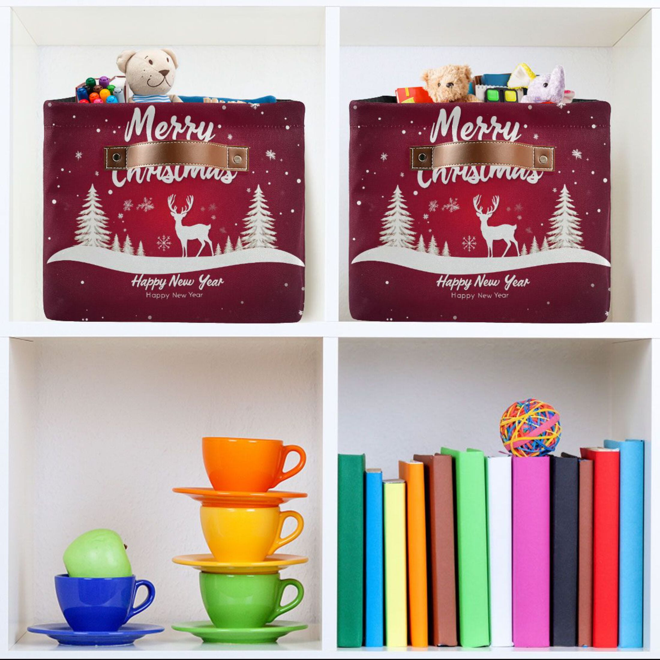 Ryvnso Christmas Reindeer Storage Basket Large Bin Foldable Boxes Toys Organizer 14.2x10.2x8.3in 2 PCs