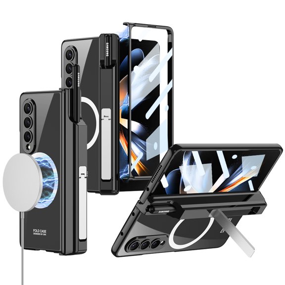 For Samsung Galaxy Z Fold 4 5G Cover with with Pen Holder,Shockproof Luxury electroplate MagSafe PC Case，Silm Stand Case Cover