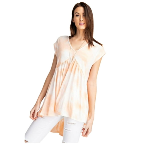 Rae Mode Womens Knit Gauze V-neck Hi-Lo Tie Dye Short Sleeve Top (Peach, Small)