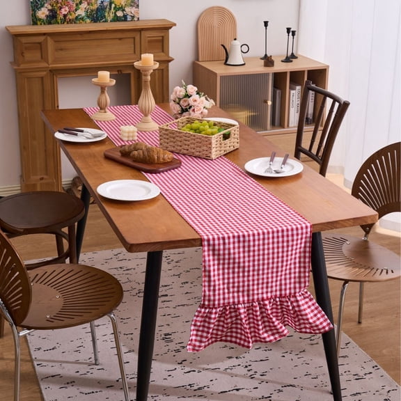 suxuMhao Table Runner, Red & White Gingham Ruffle Edge Dining Table Runner, Cottage Farmhouse Decor Runners for Tables, 13×47 In, 1 pc Checkered Table Linen for Daily Meals & Holiday Table Decor