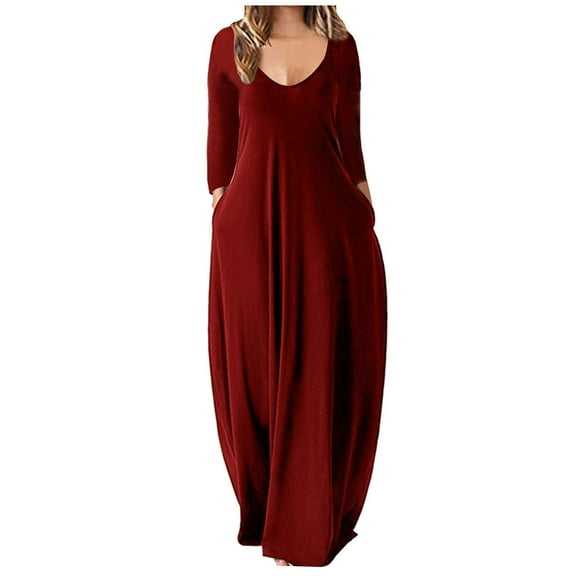 Patlollav Womens Plus Size Dresses Solid Crewneck Pockets Long Sleeve Maxi Long Dress
