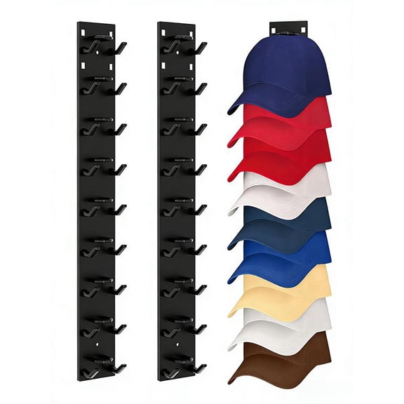 2 Pack Hat Organizer for Baseball Caps, Strong Adhesive Hat Rack for Wall, Multilayer Hat Storage Display Holder, Wall Mounted Hat Hooks Hold up to 18 Hats for Closet Door and Bedroom (Black)