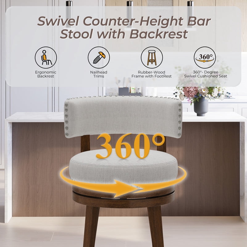 COLAMY Swivel Bar Stools 25 Inch Counter Height Stools, Modern Upholstered Wooden Barstools with Back for Kitchen Island Dining Room Bar, Fits 34-40" Counter Height, Beige