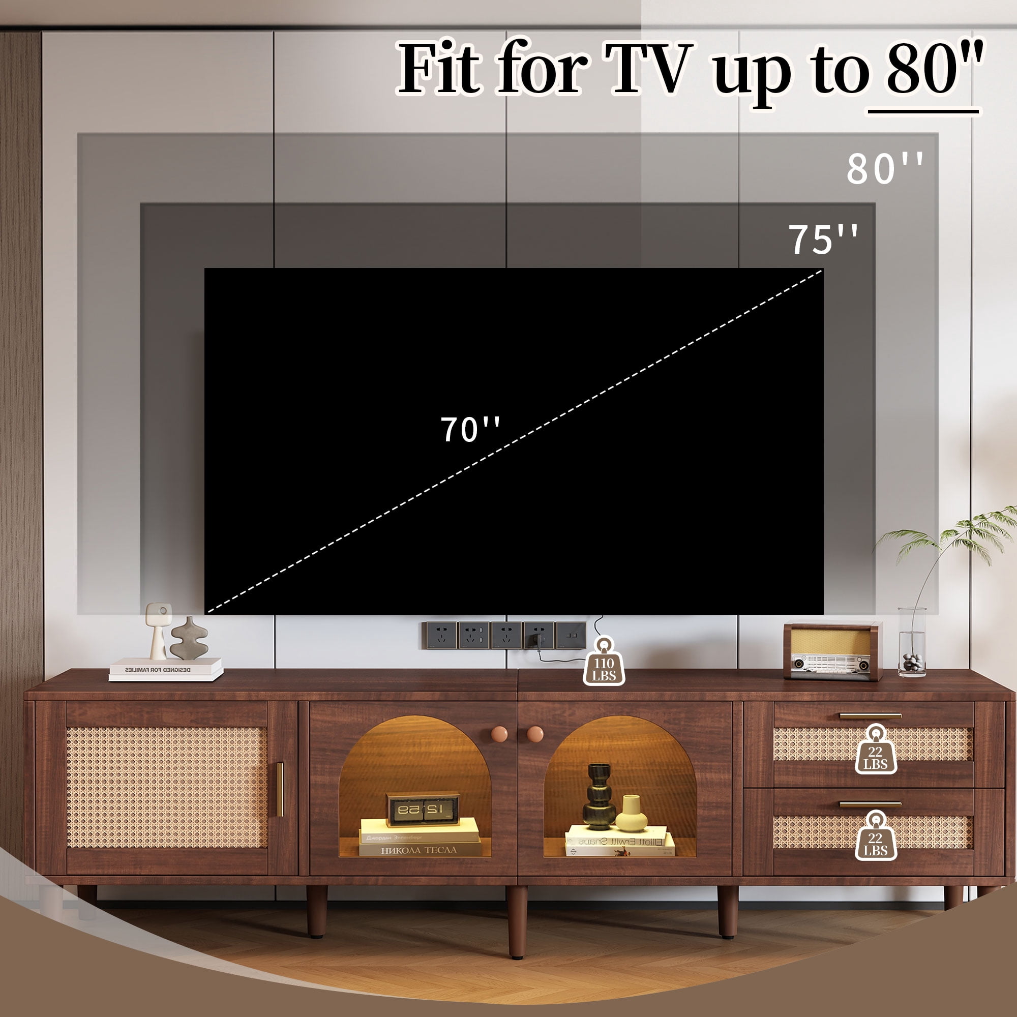 TV Stand for TVs up to 80 Inch, Entertainment Center with App-Controlled LED Lights & Rattan Doors, Media Console with Glass Door Storage for Living Room