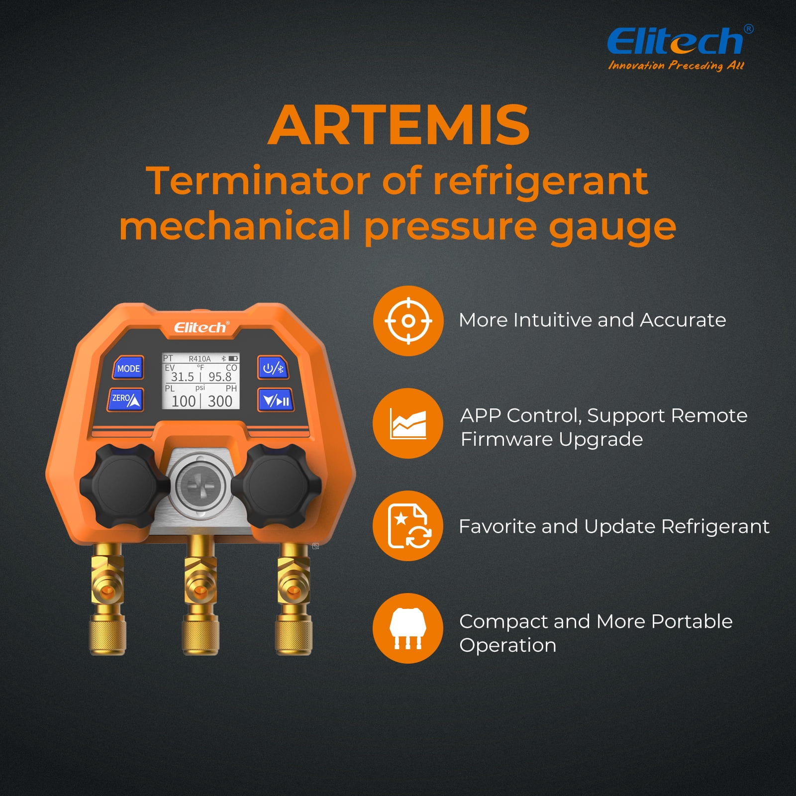 Elitech DMG-4B Digital Manifold Gauge, App Operated HVAC Gauges for Air Conditioning Systems and Heat Pumps, A/C Diagnostic Manifold Gauge