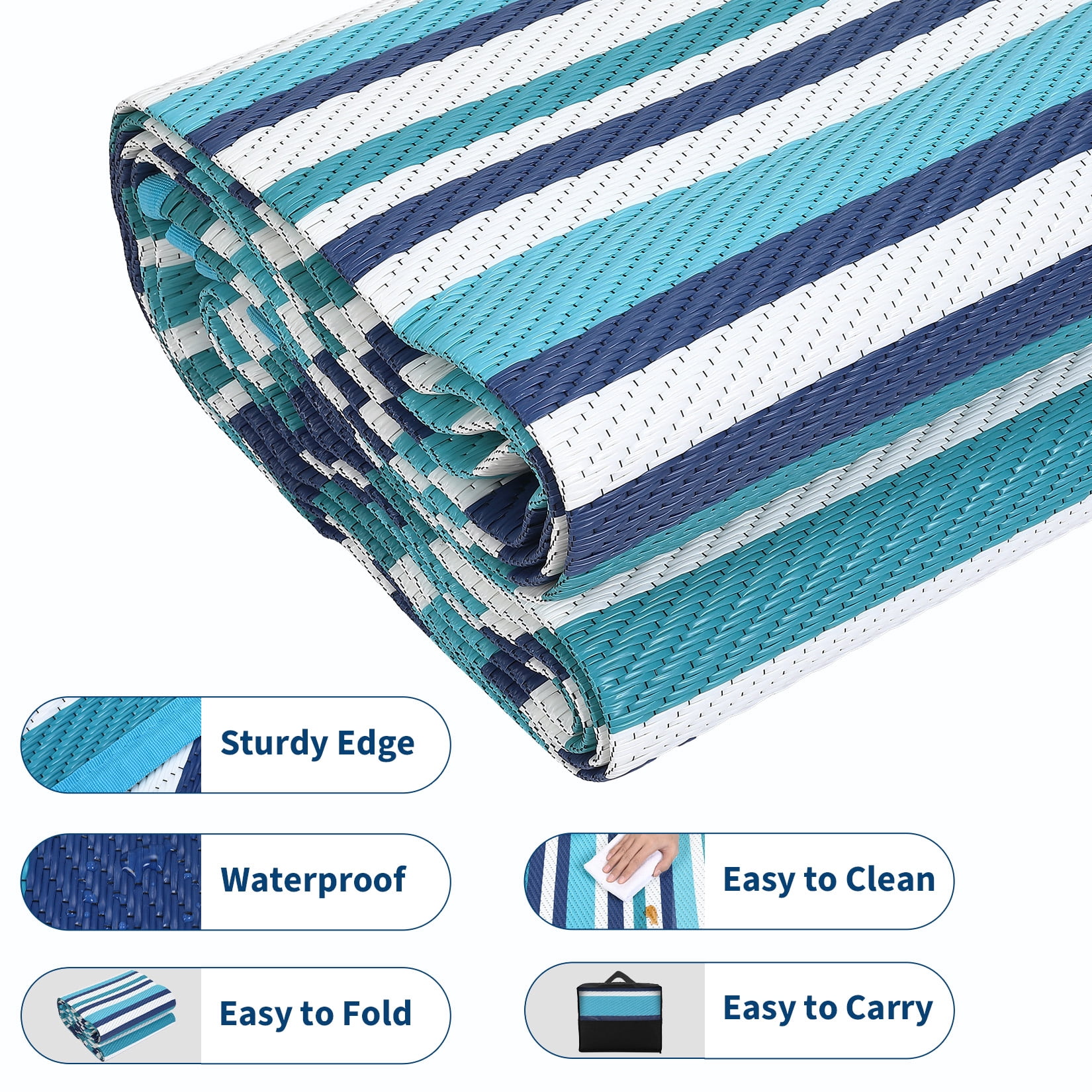 HIWEAVER 9' x 12' Light Blue Outdoor Rug PP Plastic Straw Woven Waterproof Patio Rug with Border Portable Outside Carpet for Balcony Deck Picnic Garden Decor