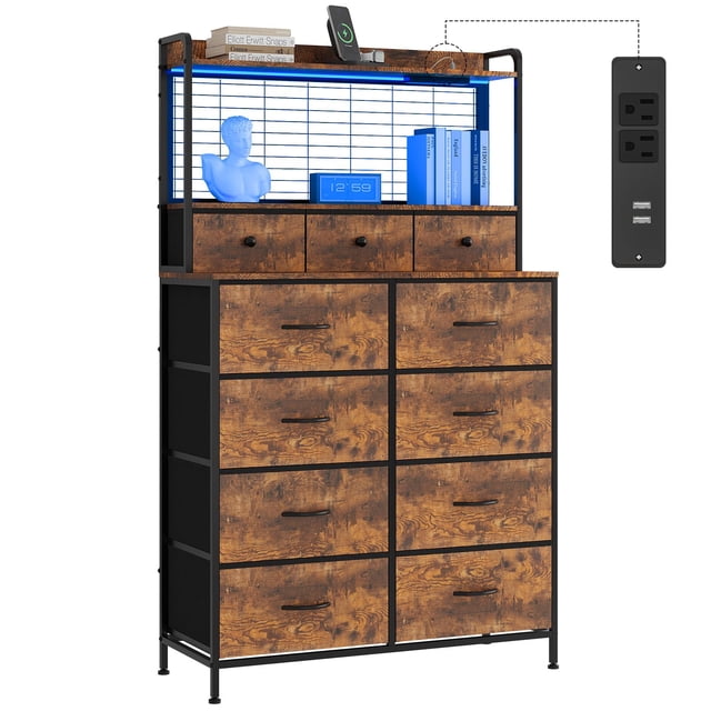 Commode Intelligente avec 11 Tiroirs en Tissu, Station de Recharge Intégrée avec Chargeur Sans Fil et Éclairage DEL RVB, Armoire de Rangement Industrielle Anti-Basculement pour Chambre, Gris Foncé Blanc Noir Brun
