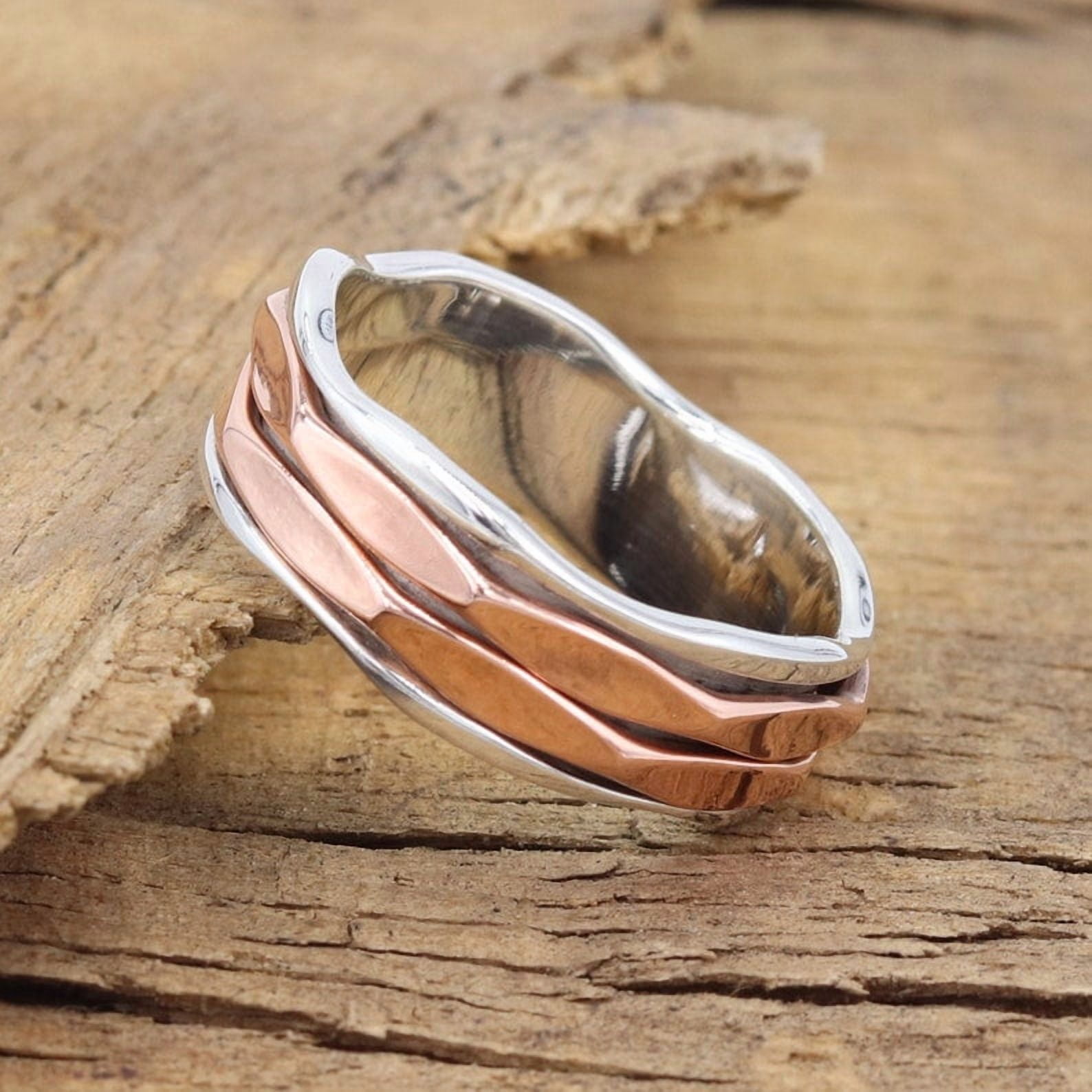 Earth Gems Jewelry Fidget Spinner Ring Sterling Silver Women’s Two-Tone Wave Band Ring
