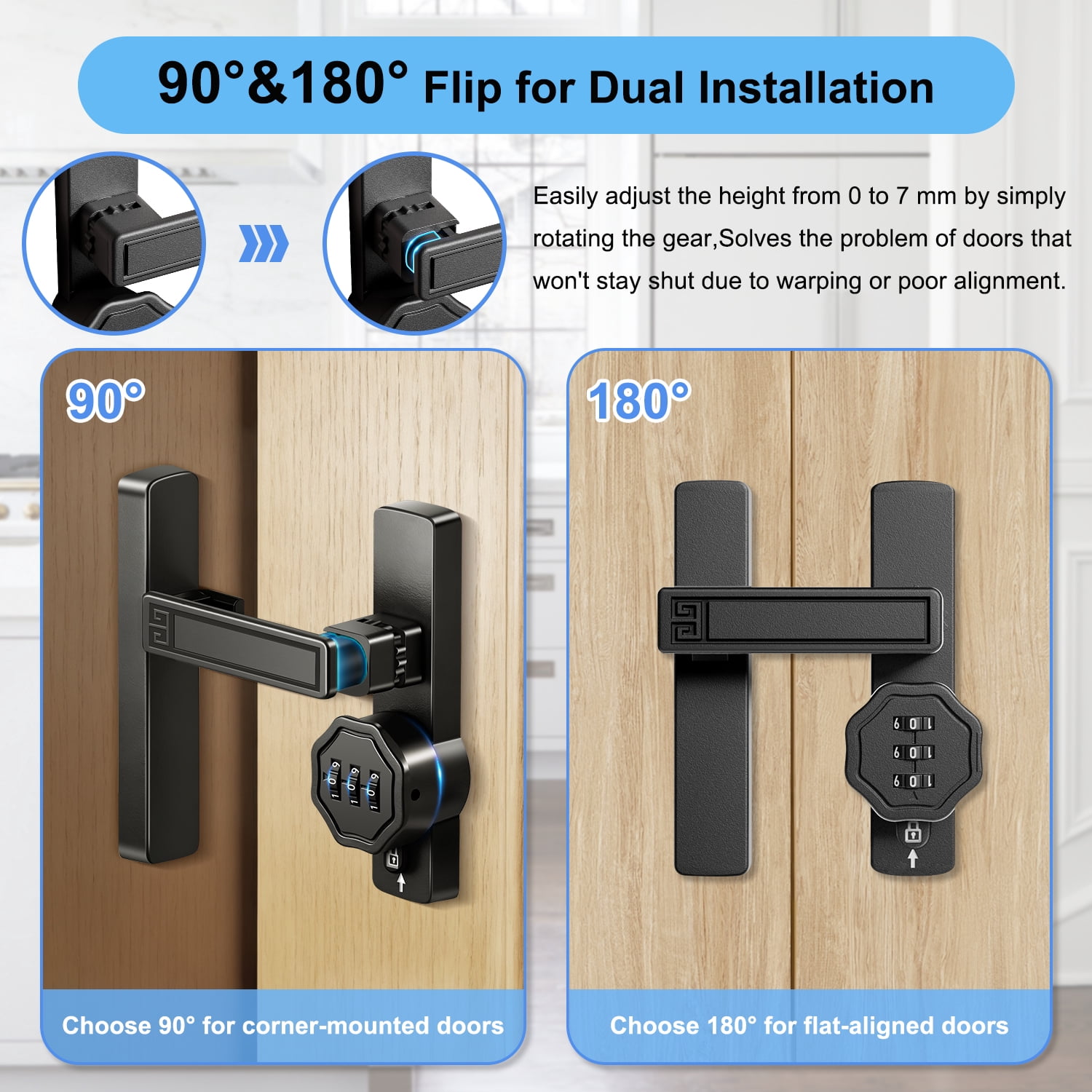 Barn Door Lock,90/180 Degree Flip Latch Gate Latches,Zinc Alloy Mechanical Combination Flip Latch for Barn Wood Sliding/Bifold French Shed Cabinet Window Bathroom Doors (Black,with 3-Digit Password)