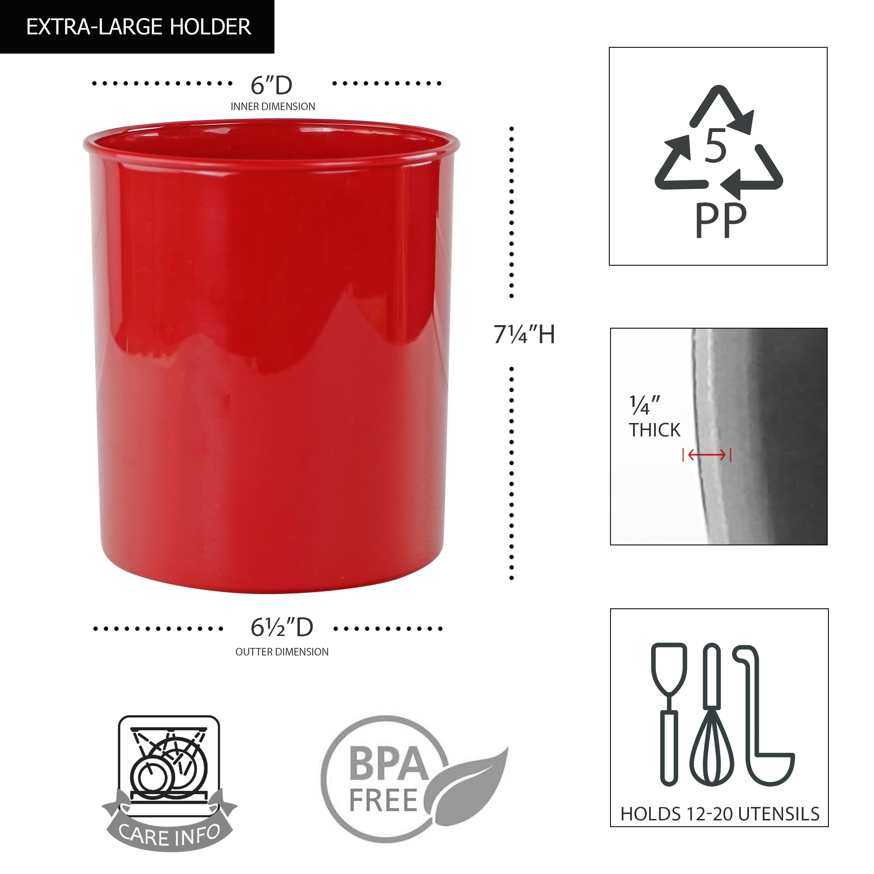 Durable Plastic Countertop Extra Large Utensil Crock/Holder, Red