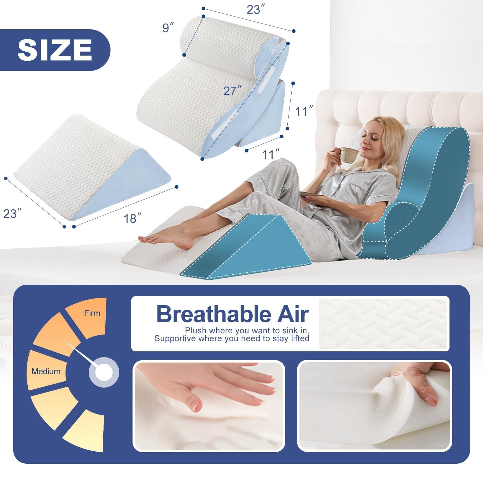 4pcs Wedge Pillow Set For Sleeping - Bed  Adjustable Memory Foam Support Sitting Up In White Blue